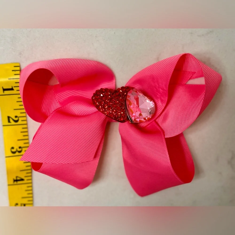 Large Girls Pink Valentine Heart Bow w Double Heart Crystal Brooch Center. NEW